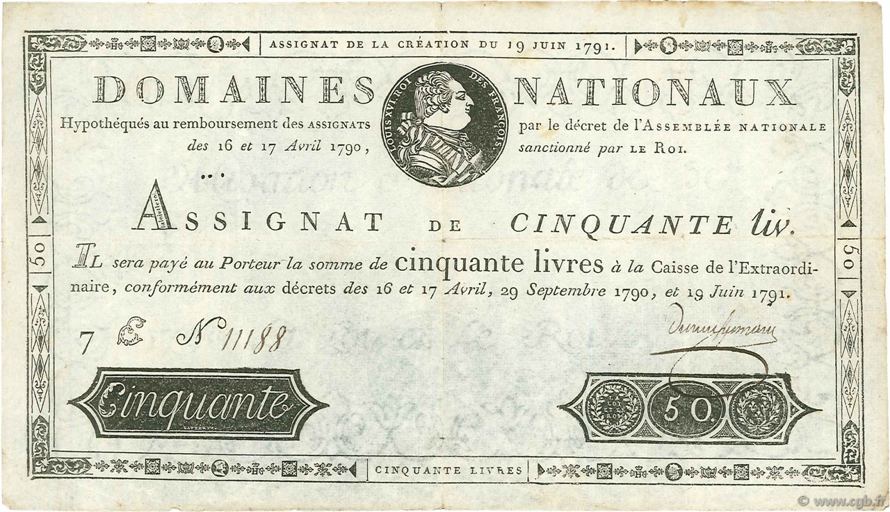 50 Livres FRANCIA  1791 Ass.13a MBC