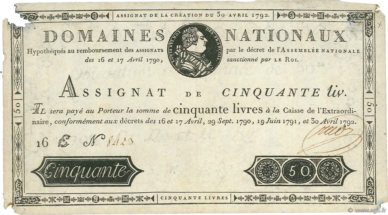 50 Livres FRANCE  1792 Ass.28a F
