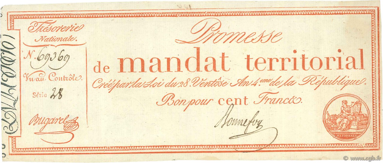 100 Francs avec série FRANKREICH  1796 Ass.60a VZ+