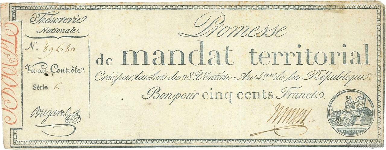 500 Francs avec série FRANKREICH  1796 Ass.62b fVZ