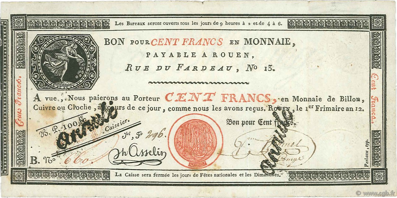 100 Francs Annulé FRANCIA  1804 PS.246b MBC+
