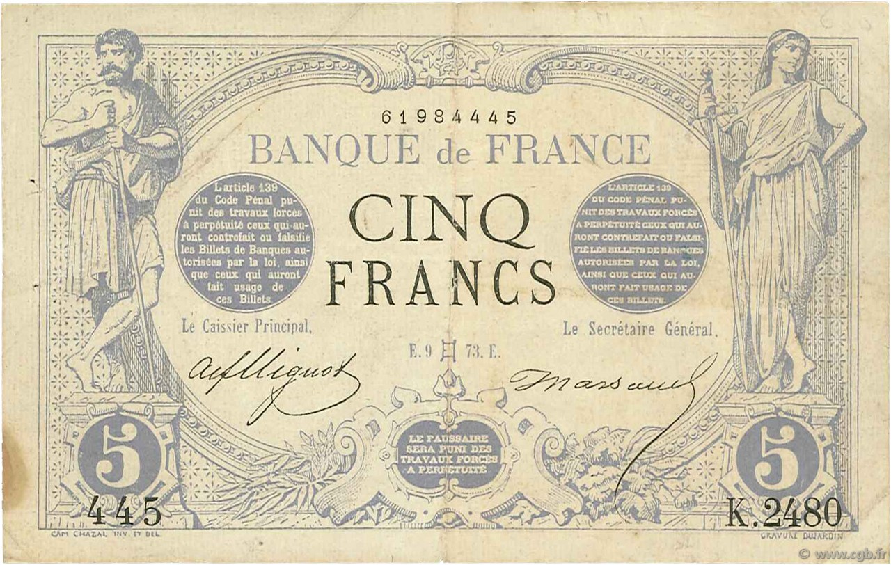 5 Francs NOIR FRANCIA  1873 F.01.18 MBC