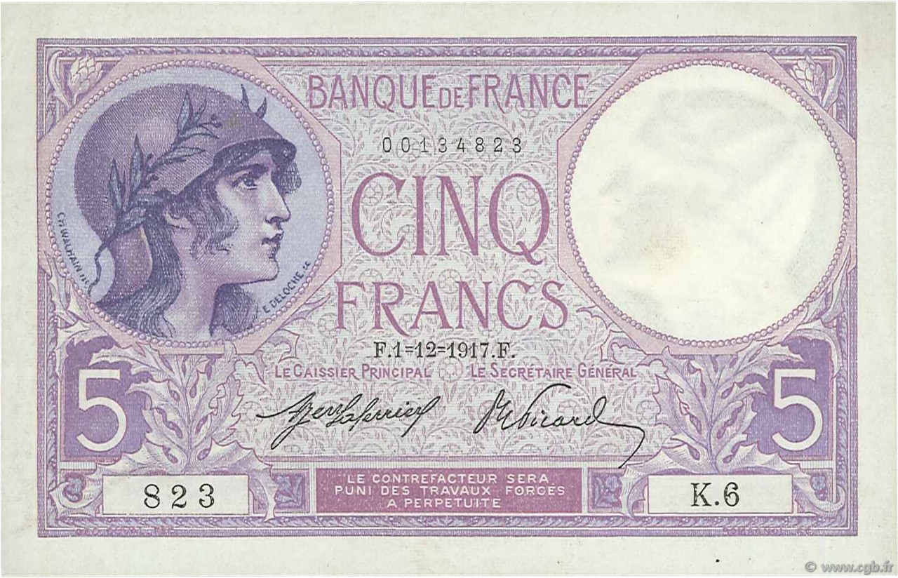 5 Francs FEMME CASQUÉE FRANCE  1917 F.03.01 AU-
