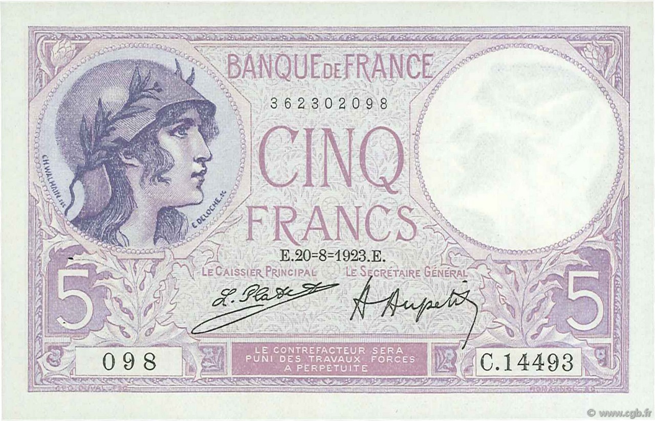 5 Francs FEMME CASQUÉE FRANCIA  1923 F.03.07 q.AU
