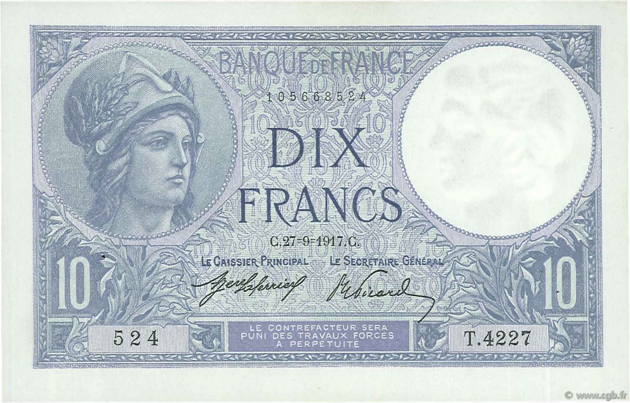 10 Francs MINERVE FRANCIA  1917 F.06.02 EBC