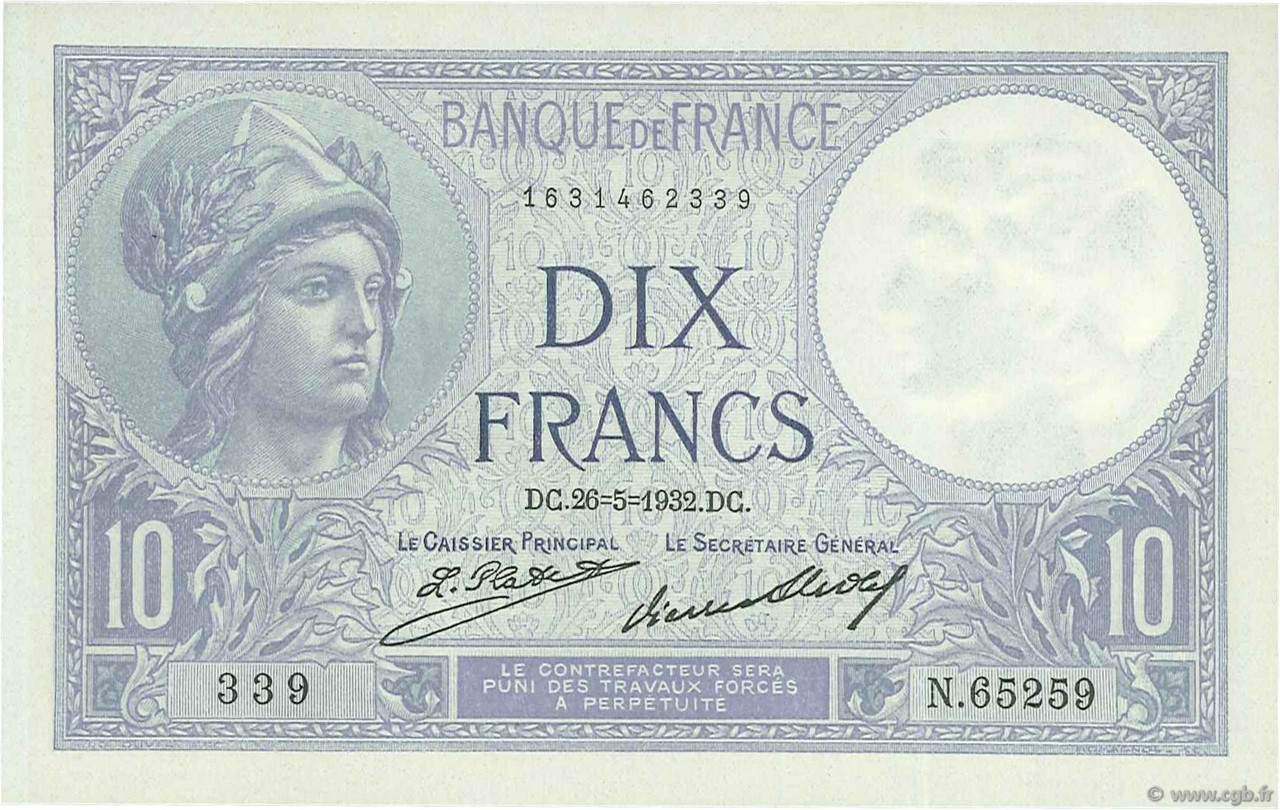 10 Francs MINERVE FRANCIA  1932 F.06.16 FDC