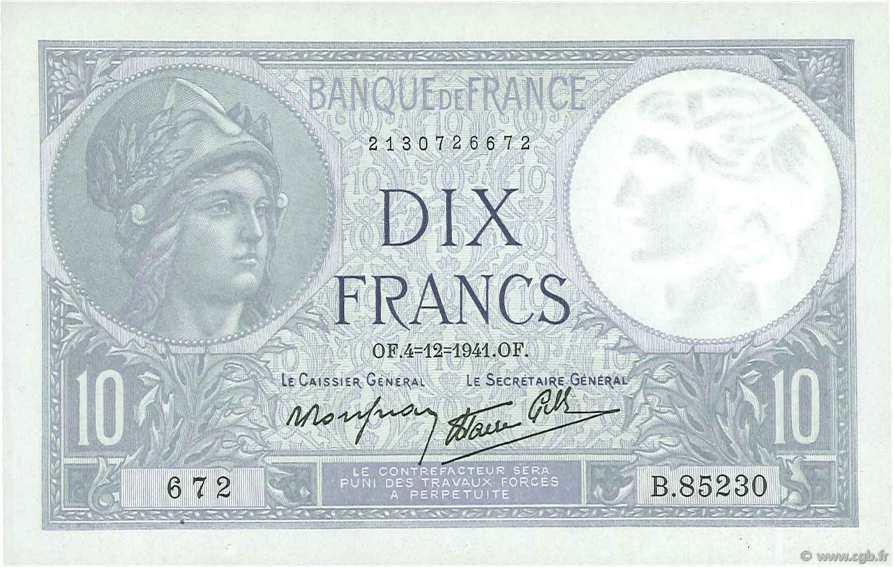 10 Francs MINERVE modifié FRANCE  1941 F.07.30 UNC-