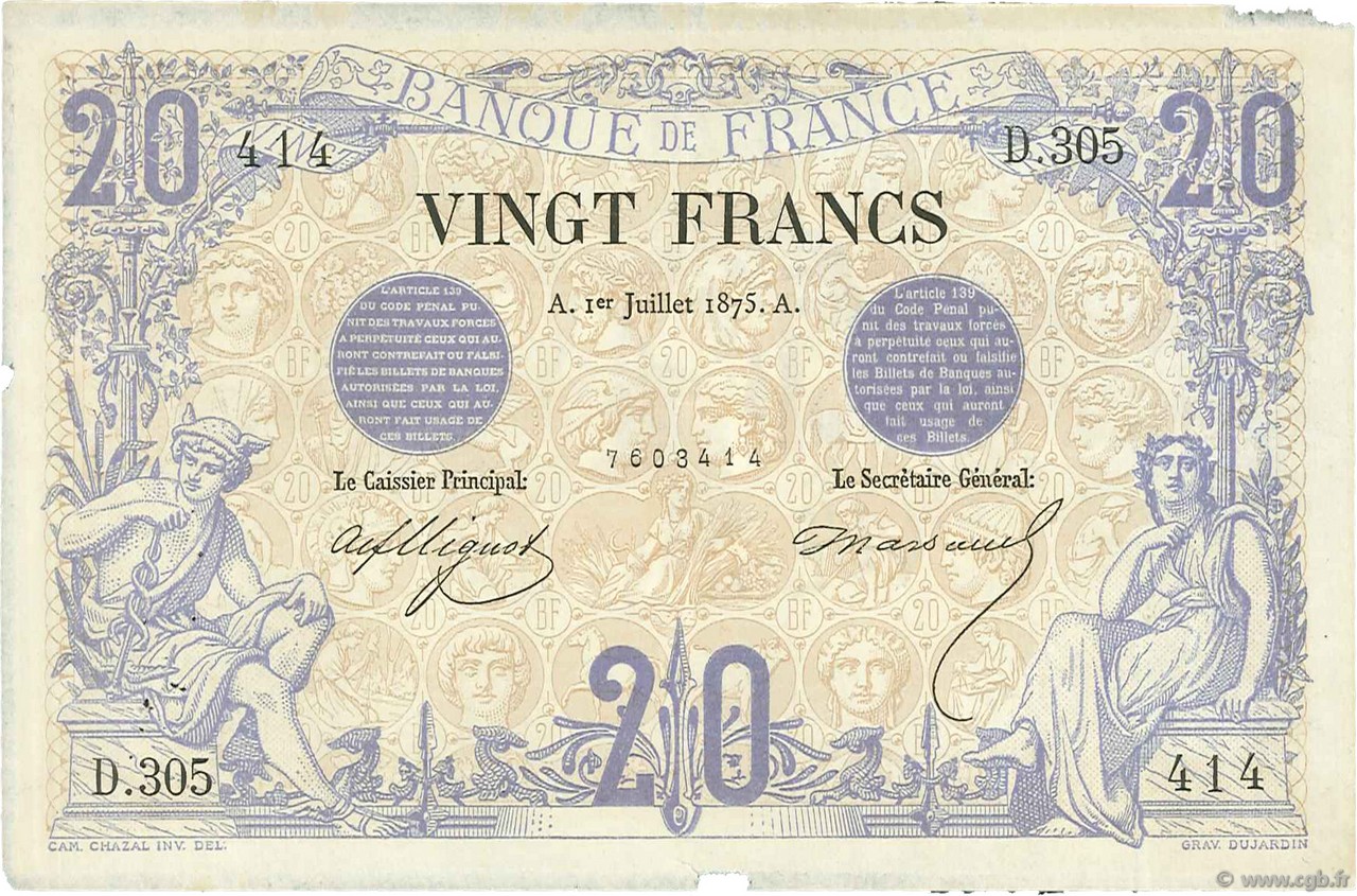 20 Francs NOIR FRANKREICH  1875 F.09.02 fVZ