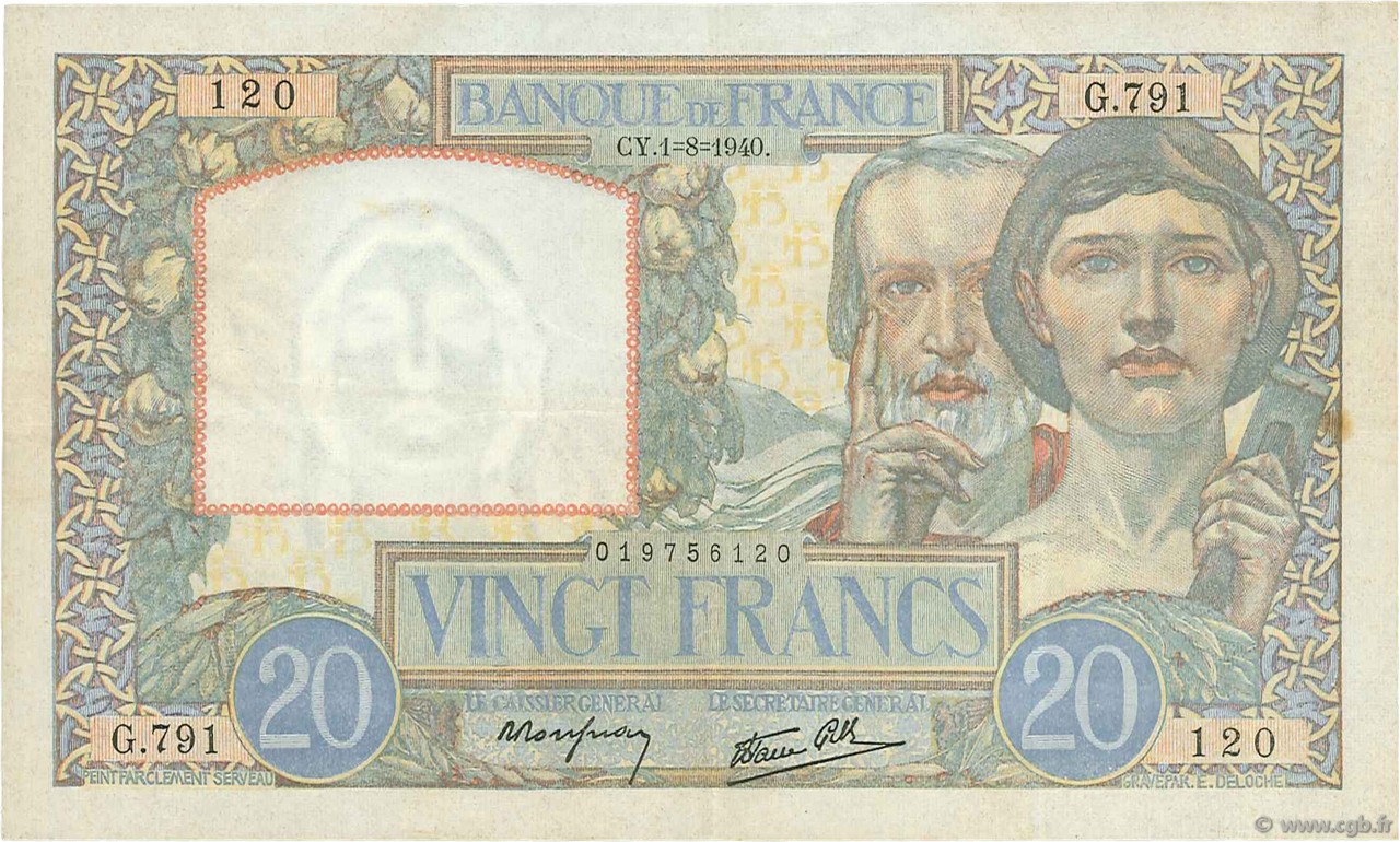 20 Francs TRAVAIL ET SCIENCE FRANCIA  1940 F.12.05 MBC+