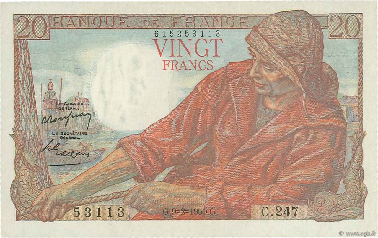 20 Francs PÊCHEUR FRANKREICH  1950 F.13.17a VZ to fST