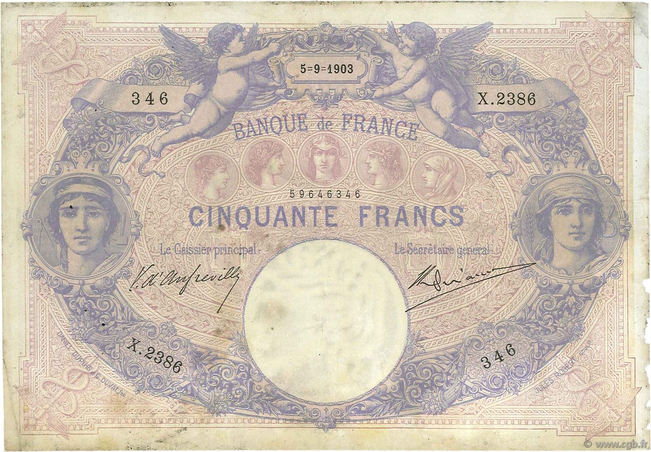 50 Francs BLEU ET ROSE FRANCIA  1903 F.14.15 q.MB