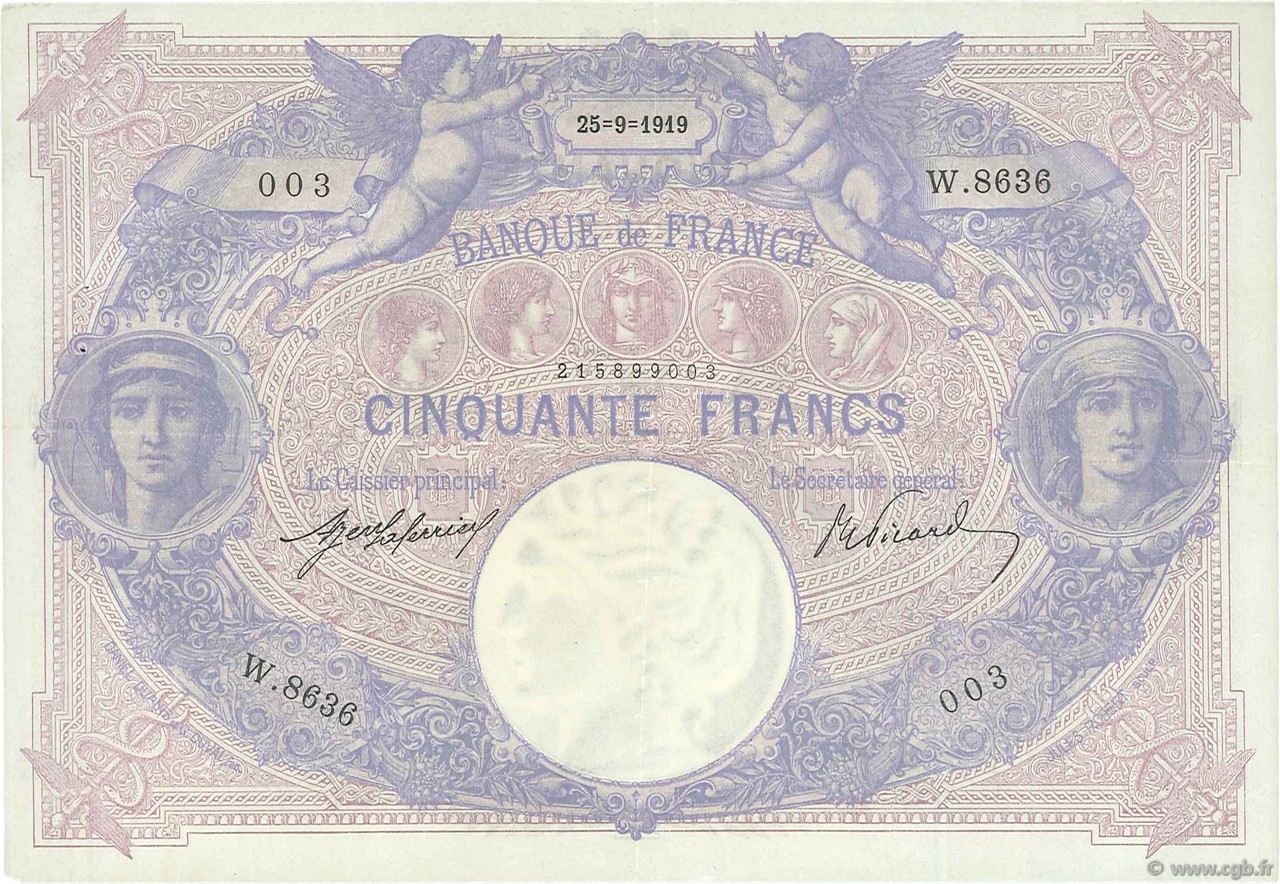 50 Francs BLEU ET ROSE FRANCE  1919 F.14.32 XF