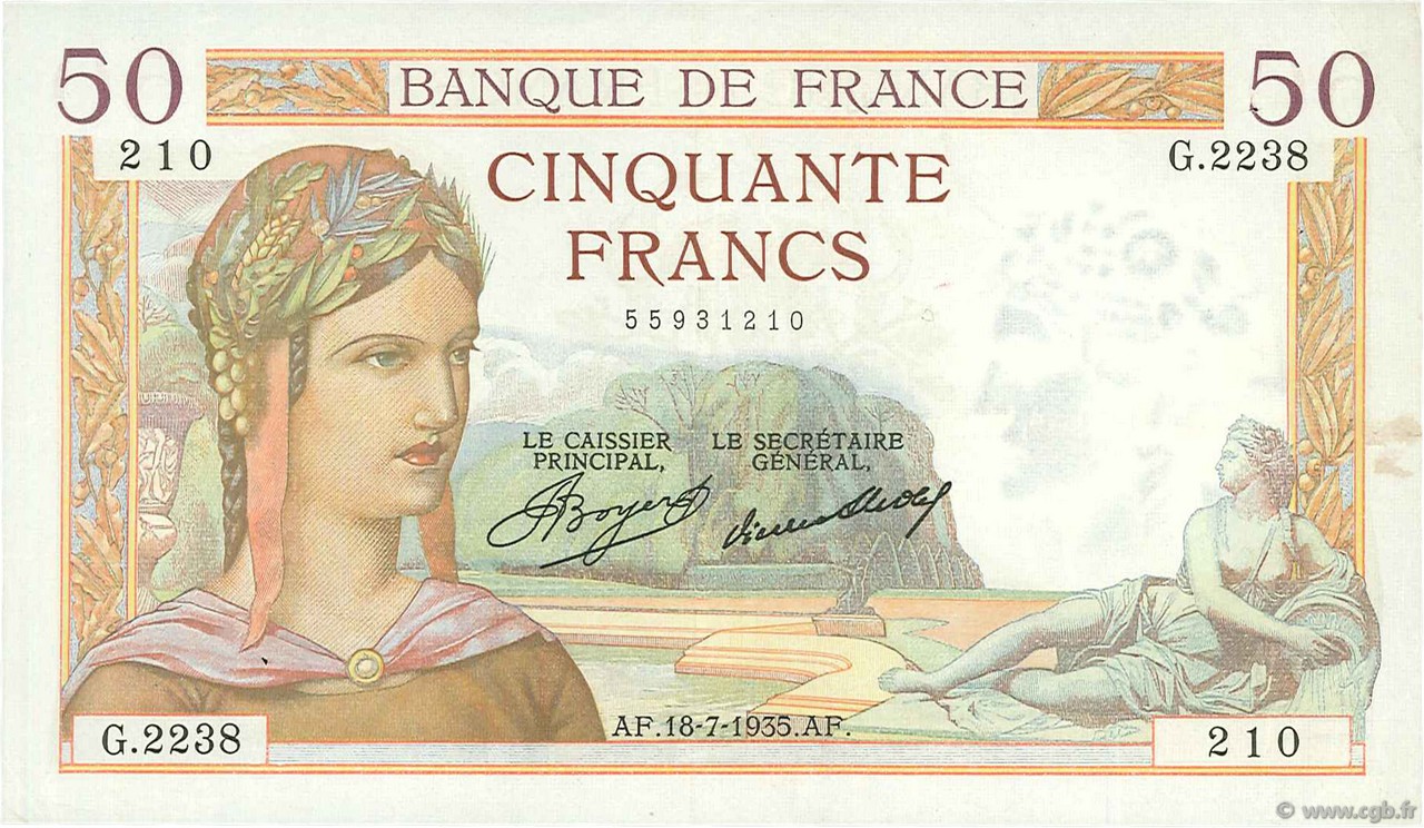 50 Francs CÉRÈS FRANKREICH  1935 F.17.13 fVZ