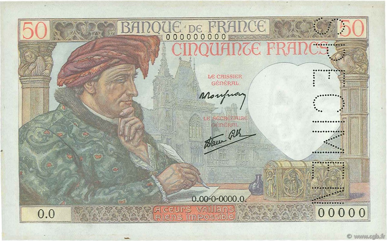 50 Francs JACQUES CŒUR FRANCIA  1940 F.19.01Sp SC+