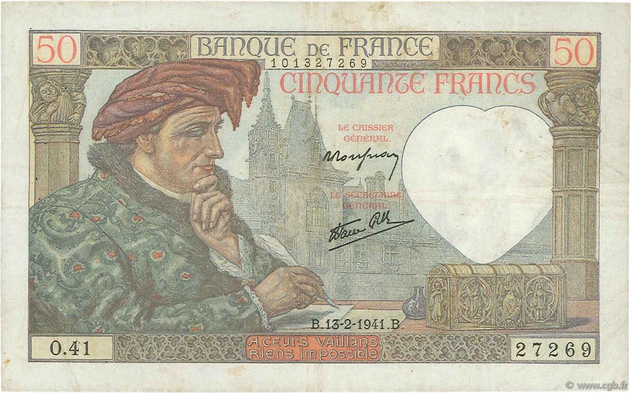 50 Francs JACQUES CŒUR FRANCIA  1941 F.19.06 MBC