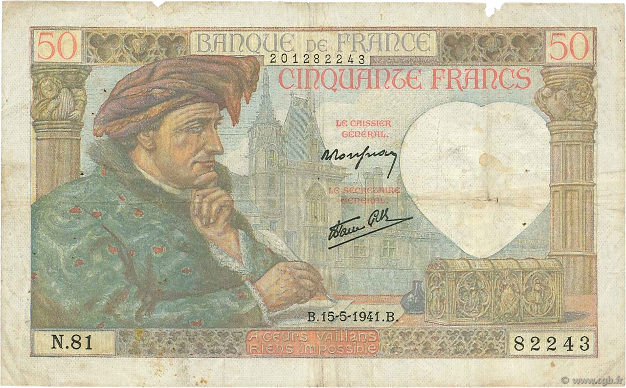 50 Francs JACQUES CŒUR FRANCE  1941 F.19.11 F+