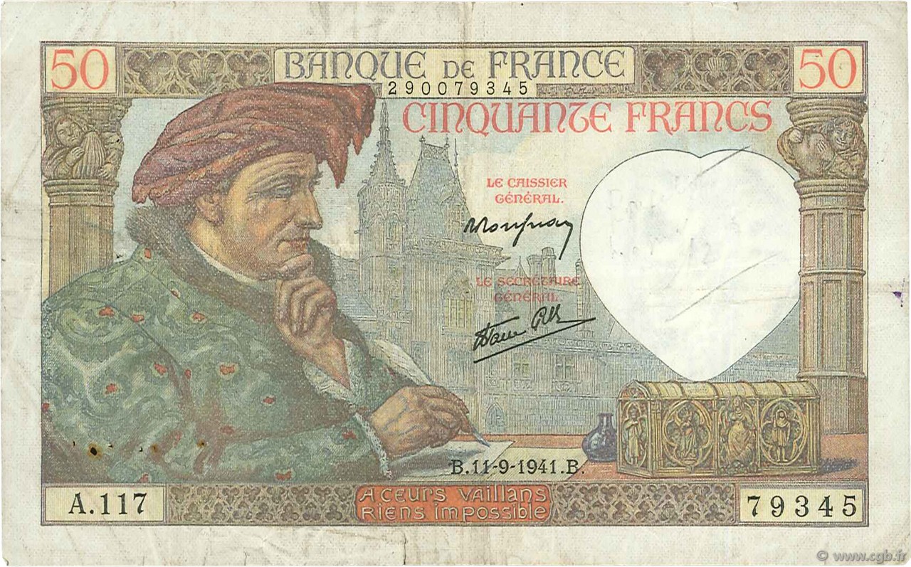 50 Francs JACQUES CŒUR FRANCE  1941 F.19.14 F+