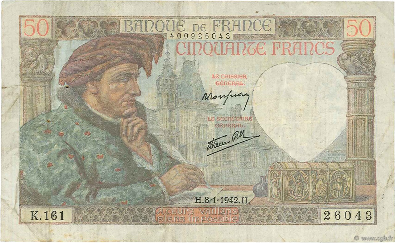 50 Francs JACQUES CŒUR FRANCE  1942 F.19.18 VF