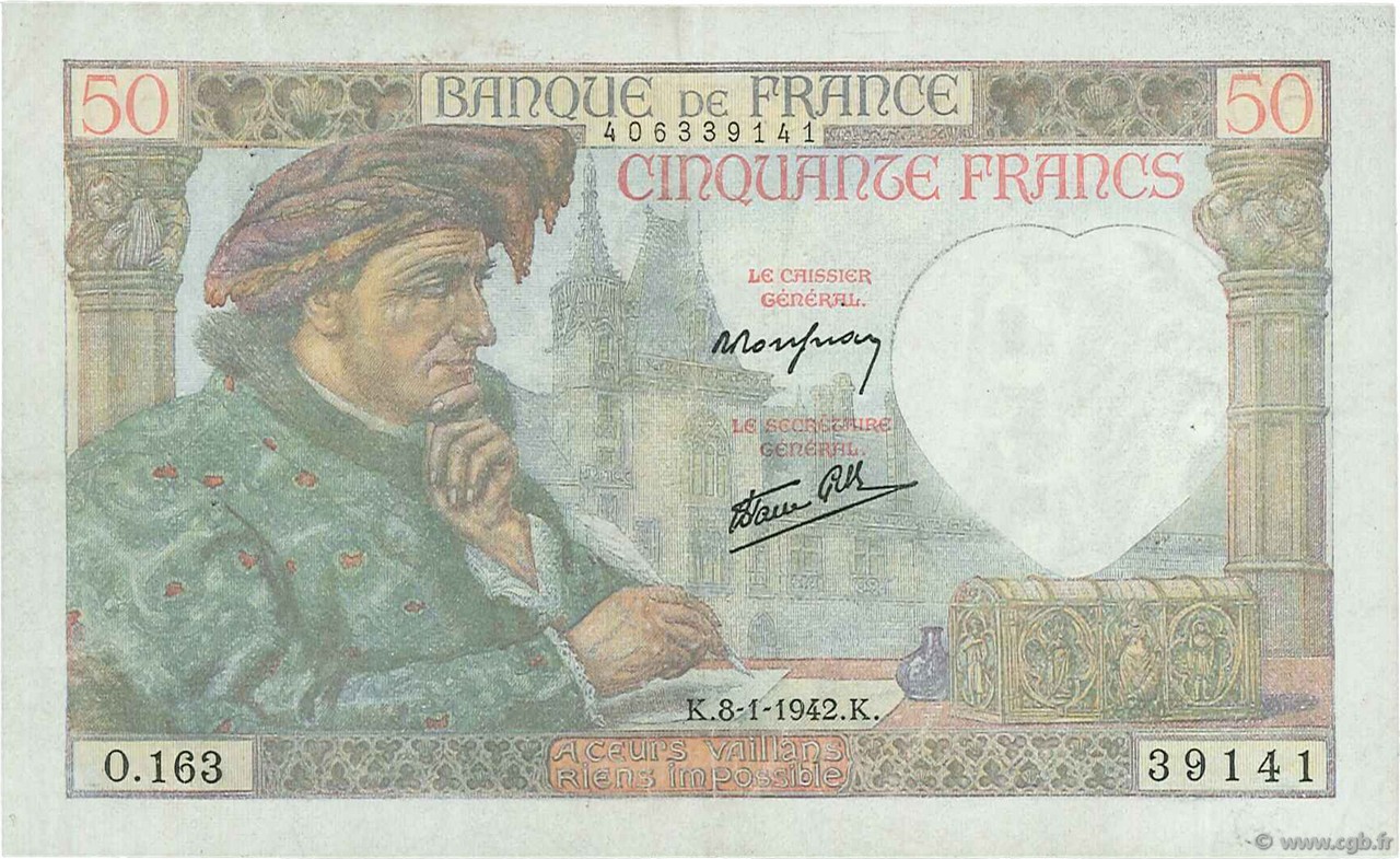 50 Francs JACQUES CŒUR FRANCIA  1942 F.19.18 MBC