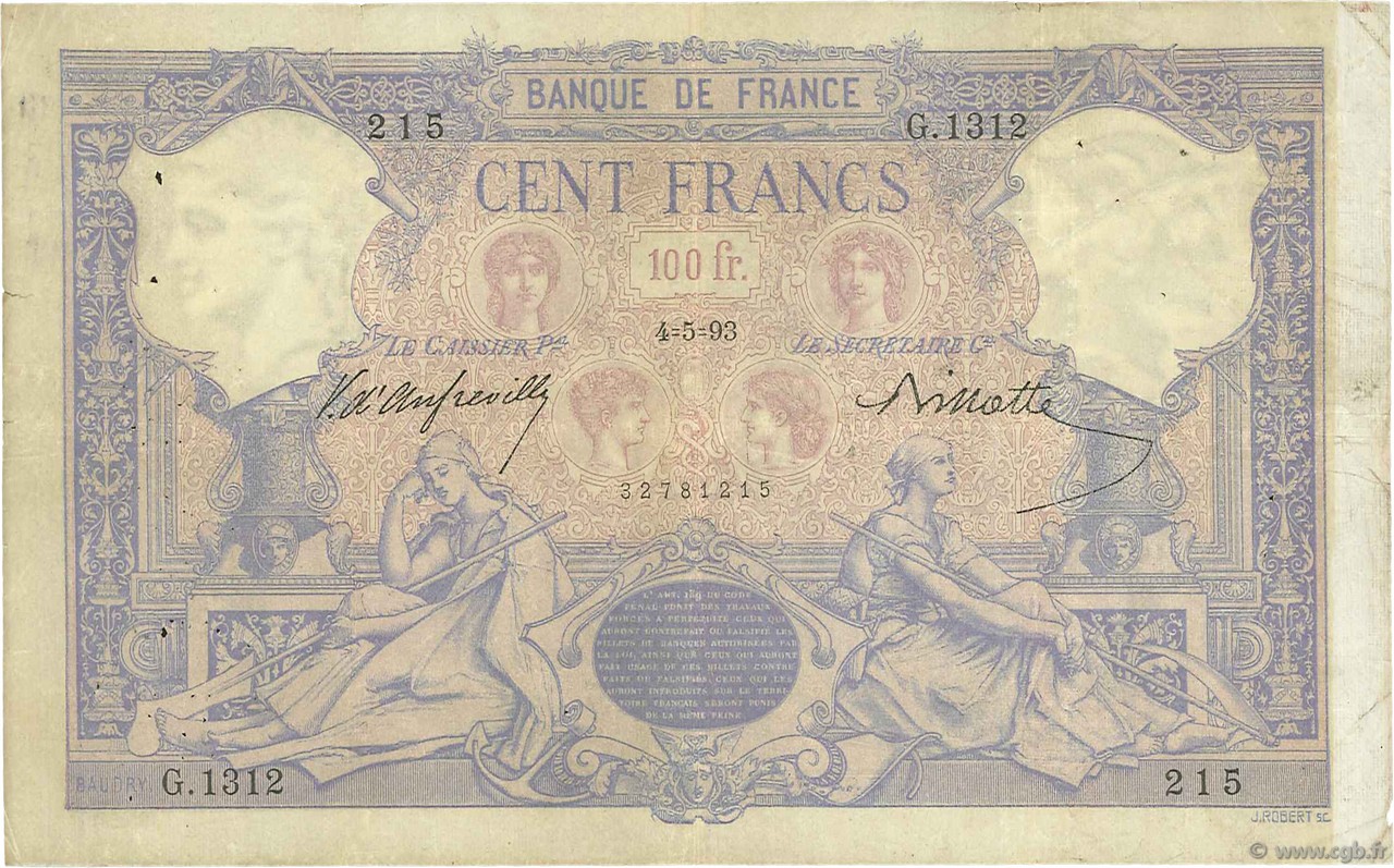 100 Francs BLEU ET ROSE FRANKREICH  1893 F.21.06 S