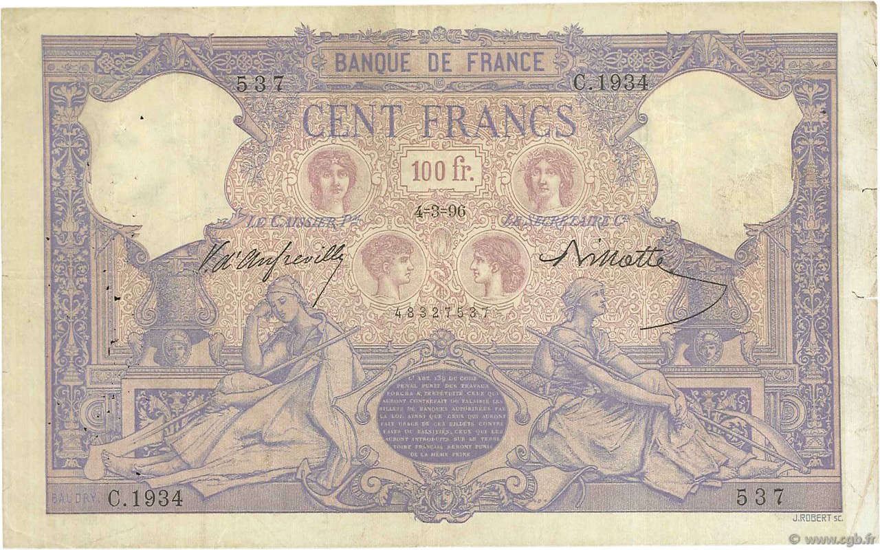 100 Francs BLEU ET ROSE FRANCE  1896 F.21.09 F+