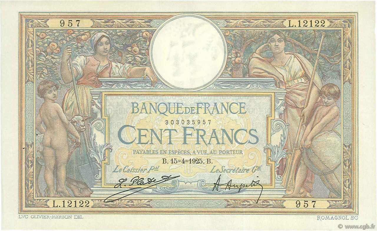 100 Francs LUC OLIVIER MERSON grands cartouches FRANCE  1925 F.24.03 SUP