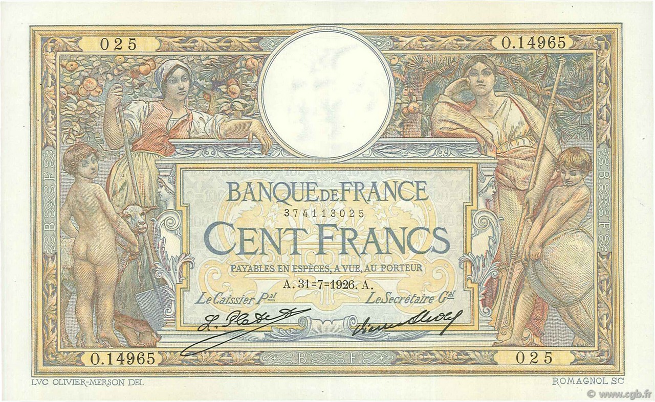 100 Francs LUC OLIVIER MERSON grands cartouches FRANCIA  1926 F.24.05 SPL+