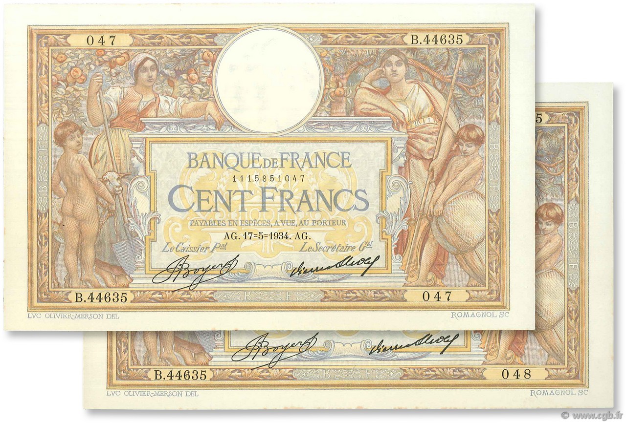 100 Francs LUC OLIVIER MERSON grands cartouches FRANCE  1934 F.24.13 AU-