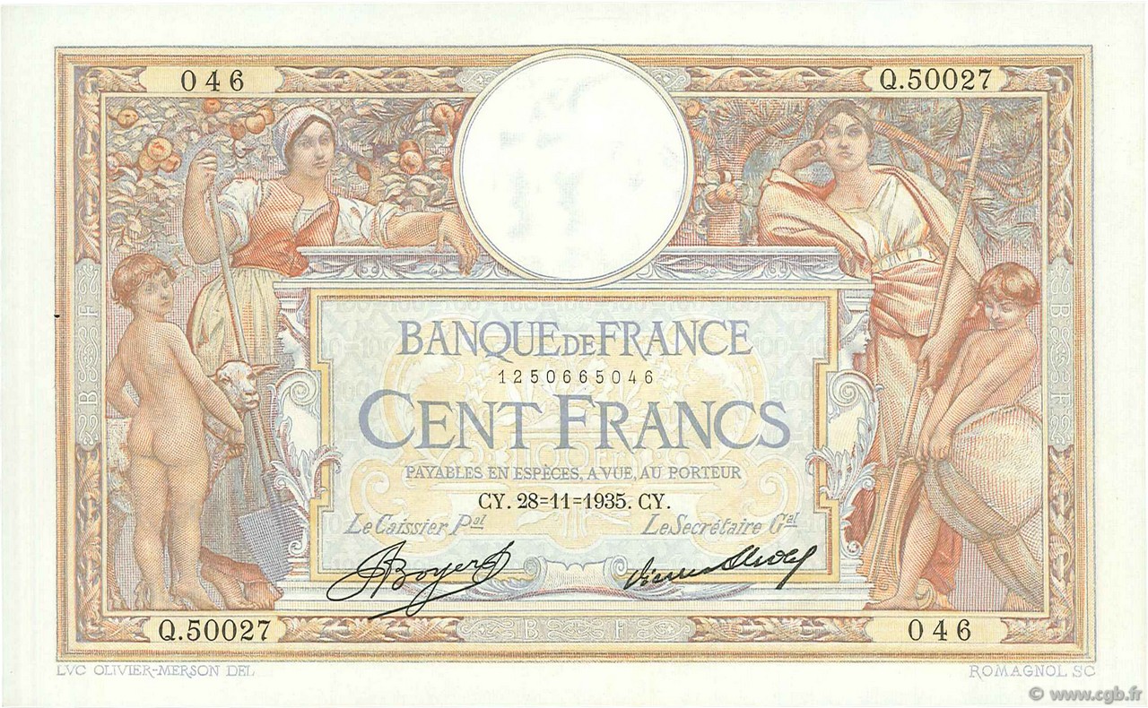 100 Francs LUC OLIVIER MERSON grands cartouches FRANCE  1935 F.24.14 XF+