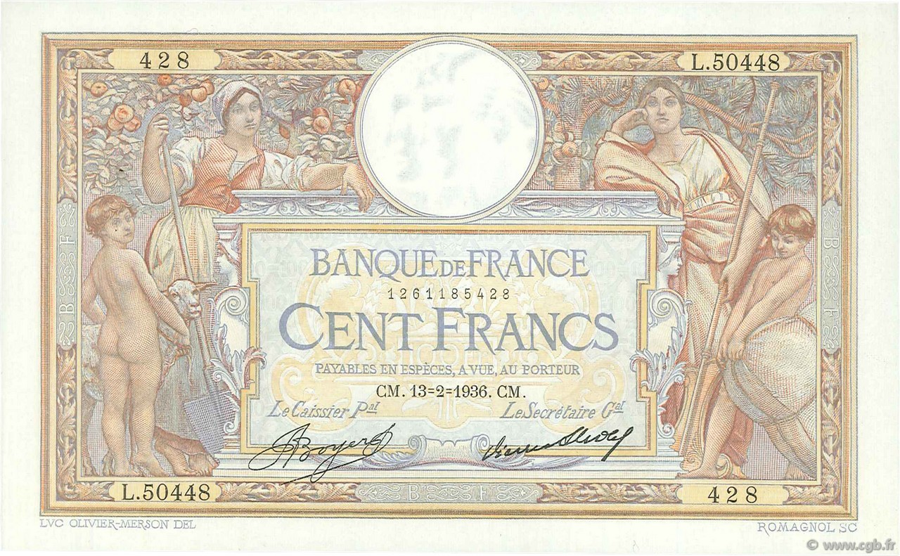 100 Francs LUC OLIVIER MERSON grands cartouches FRANCE  1936 F.24.15 pr.SPL