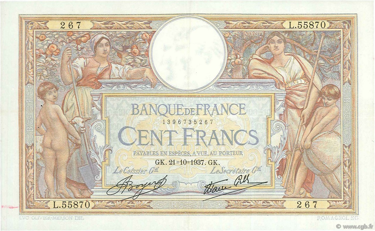 100 Francs LUC OLIVIER MERSON type modifié FRANKREICH  1937 F.25.03 fVZ