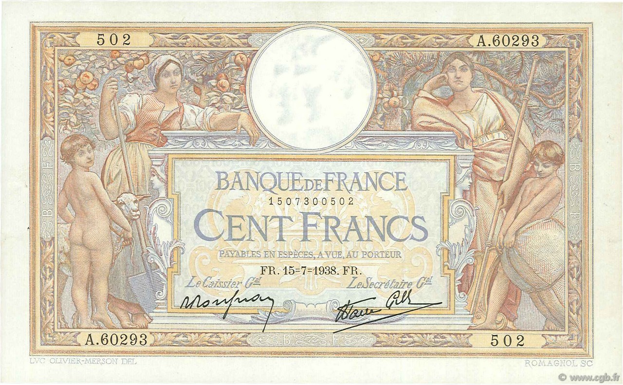 100 Francs LUC OLIVIER MERSON type modifié FRANCIA  1938 F.25.26 EBC a SC