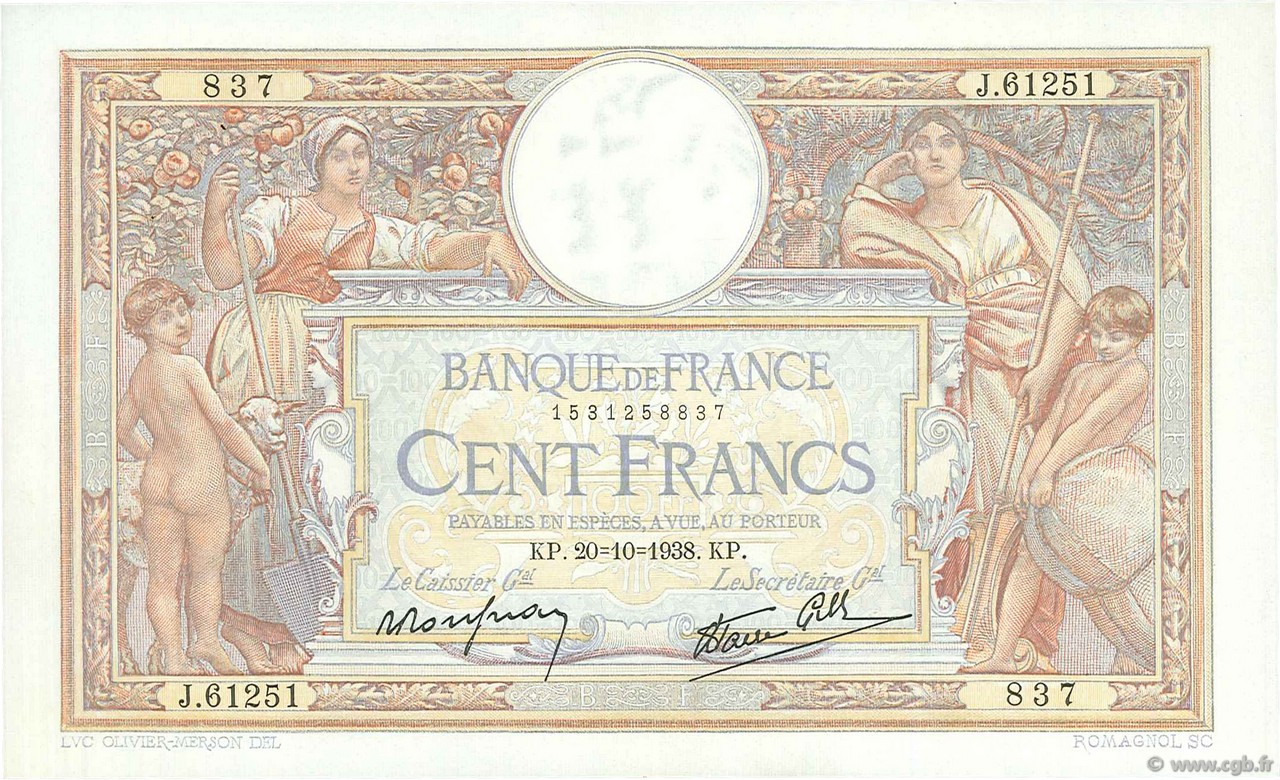 100 Francs LUC OLIVIER MERSON type modifié FRANCE  1938 F.25.32 SUP