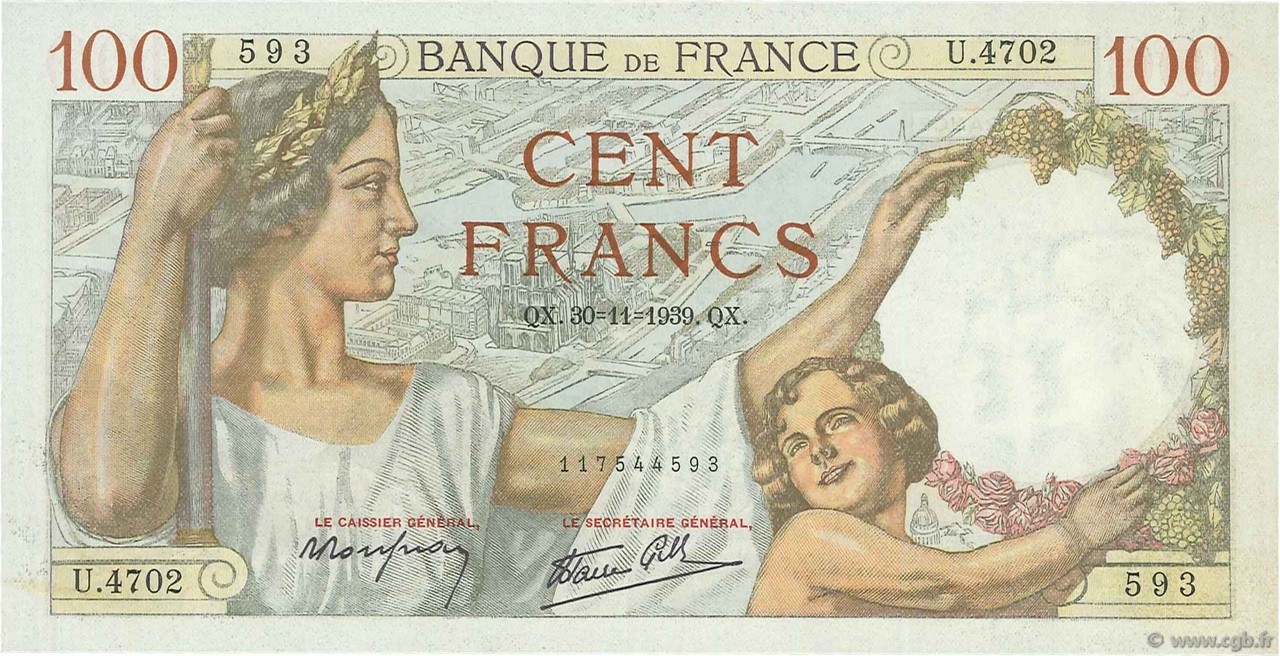 100 Francs SULLY FRANCIA  1939 F.26.16 q.FDC