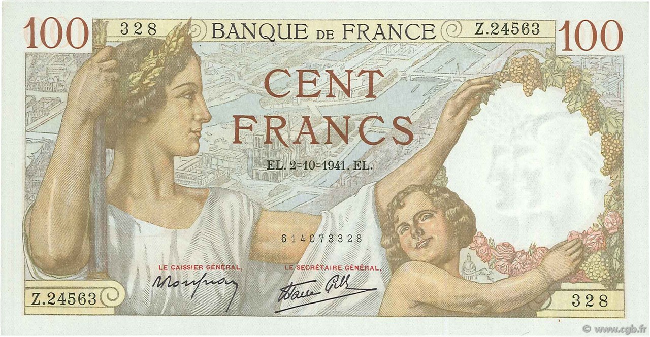 100 Francs SULLY FRANCE  1941 F.26.58 UNC