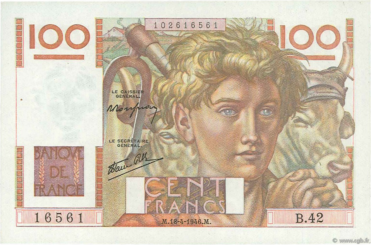 100 Francs JEUNE PAYSAN FRANCE  1946 F.28.03 UNC-