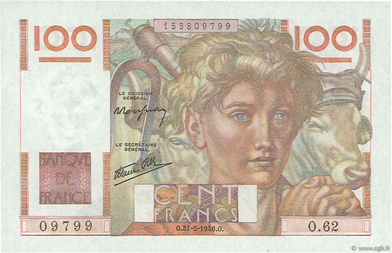 100 Francs JEUNE PAYSAN FRANKREICH  1946 F.28.05 ST