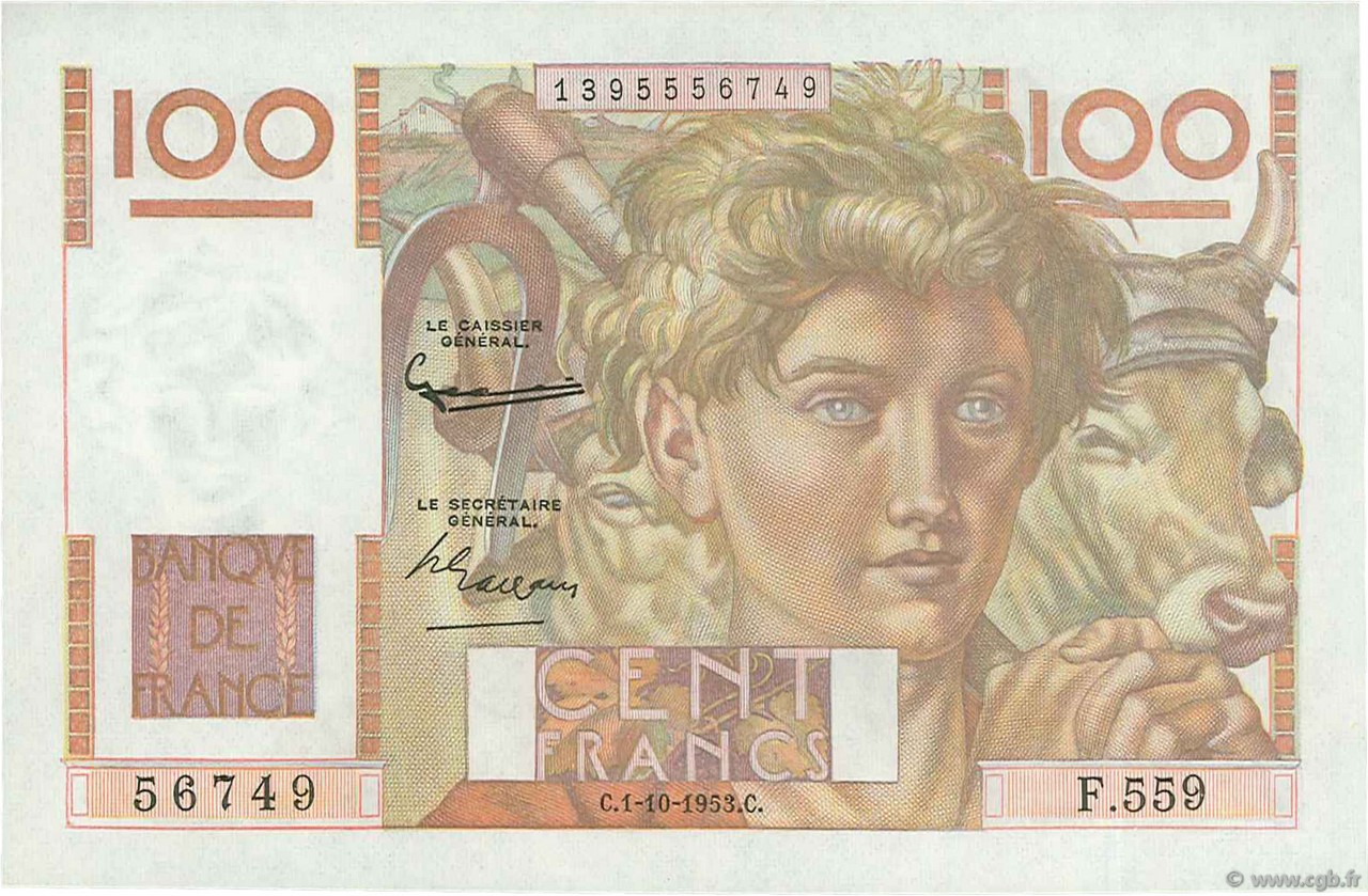 100 Francs JEUNE PAYSAN FRANKREICH  1953 F.28.39 ST