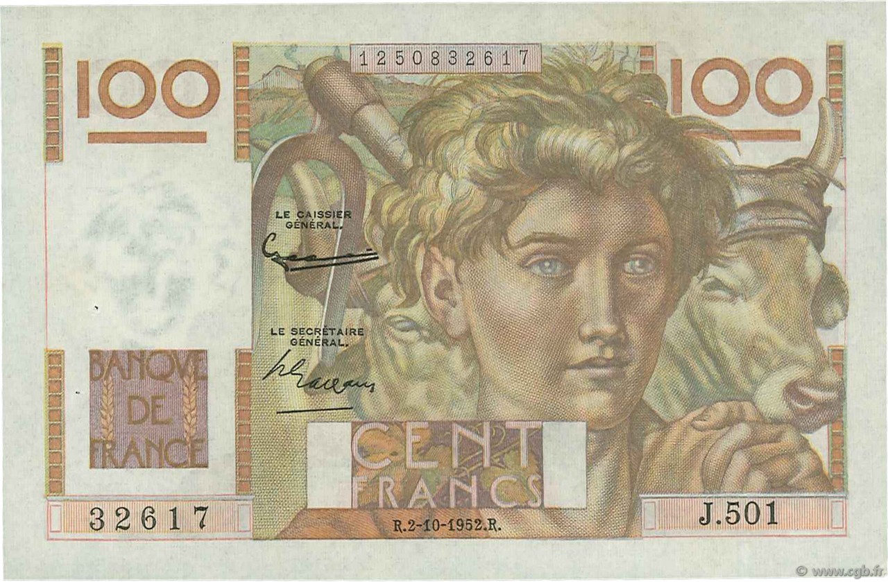 100 Francs JEUNE PAYSAN filigrane inversé FRANCIA  1952 F.28bis.01 SPL a AU