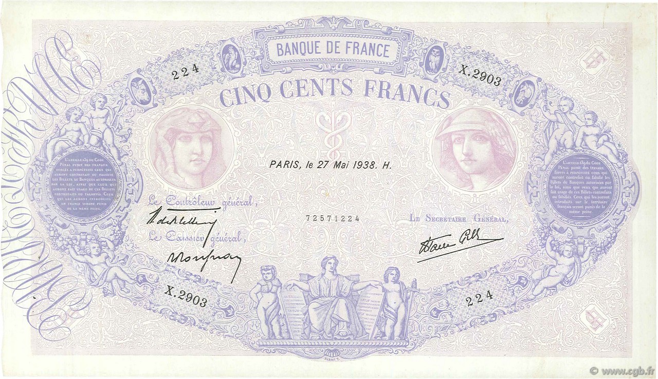 500 Francs BLEU ET ROSE modifié FRANCE  1938 F.31.12 XF-