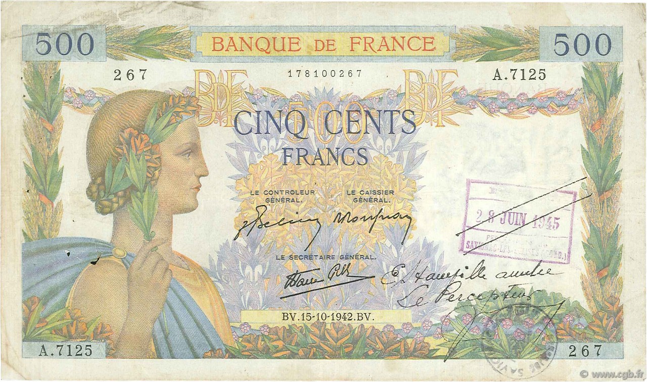 500 Francs LA PAIX FRANCE  1942 F.32.42 VF-