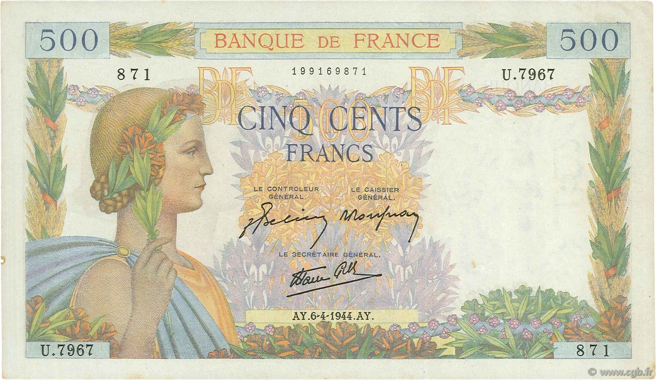 500 Francs LA PAIX FRANKREICH  1944 F.32.46 VZ