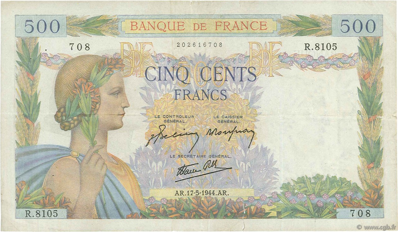 500 Francs LA PAIX FRANCIA  1944 F.32.47 MBC