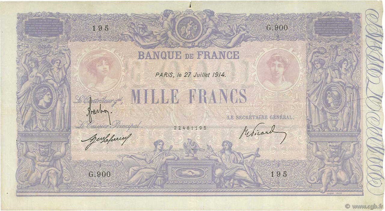 1000 Francs BLEU ET ROSE FRANCIA  1914 F.36.28 MBC+
