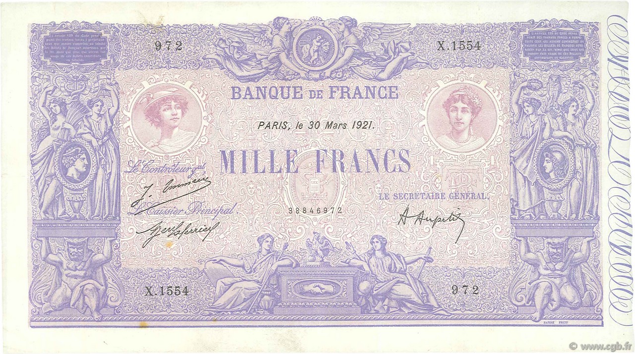 1000 Francs BLEU ET ROSE FRANCE  1921 F.36.37 VF+