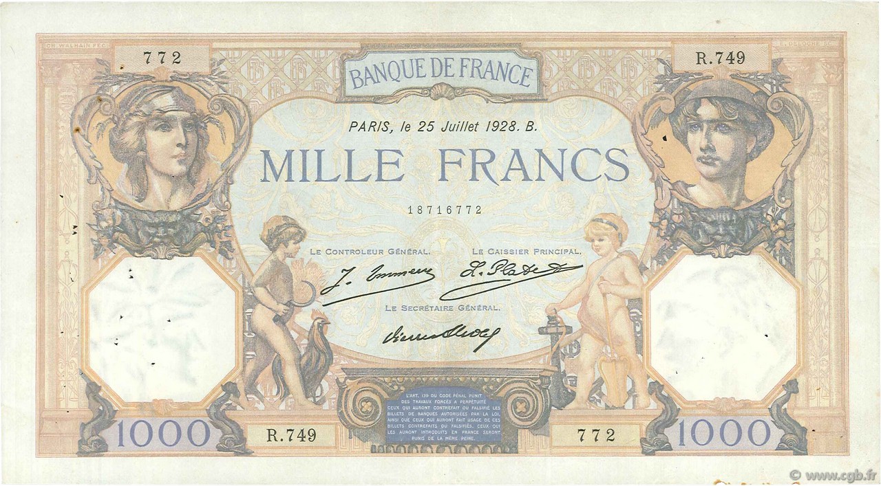 1000 Francs CÉRÈS ET MERCURE FRANCIA  1928 F.37.02 BB