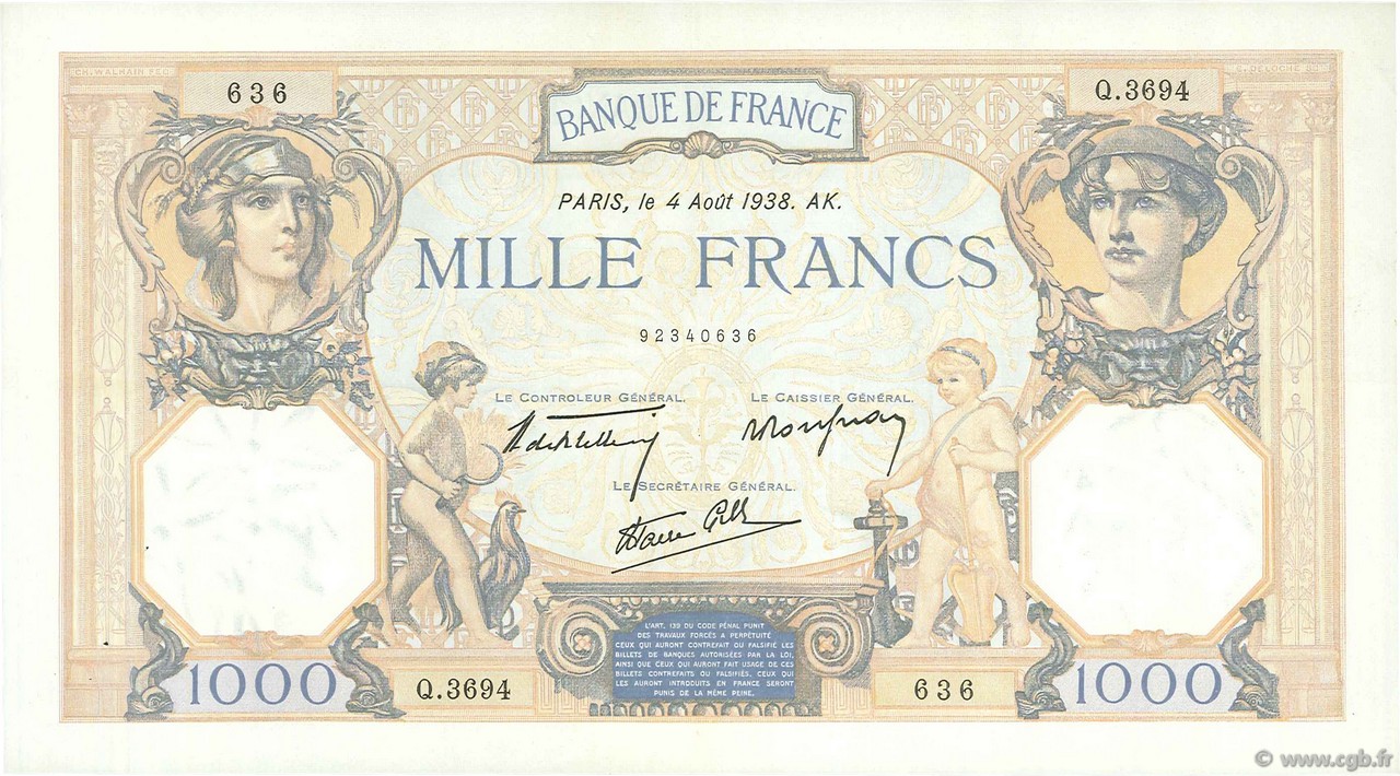1000 Francs CÉRÈS ET MERCURE type modifié FRANCIA  1938 F.38.26 q.SPL