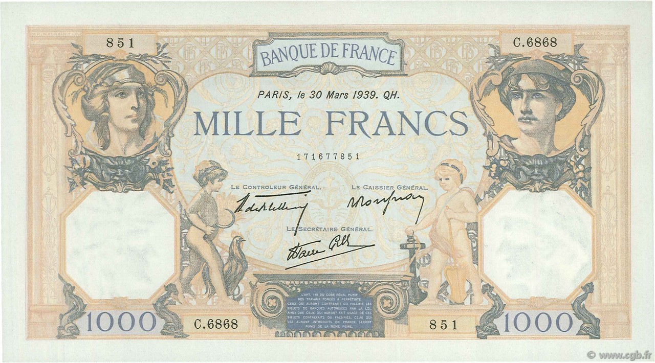 1000 Francs CÉRÈS ET MERCURE type modifié FRANKREICH  1939 F.38.35 fST