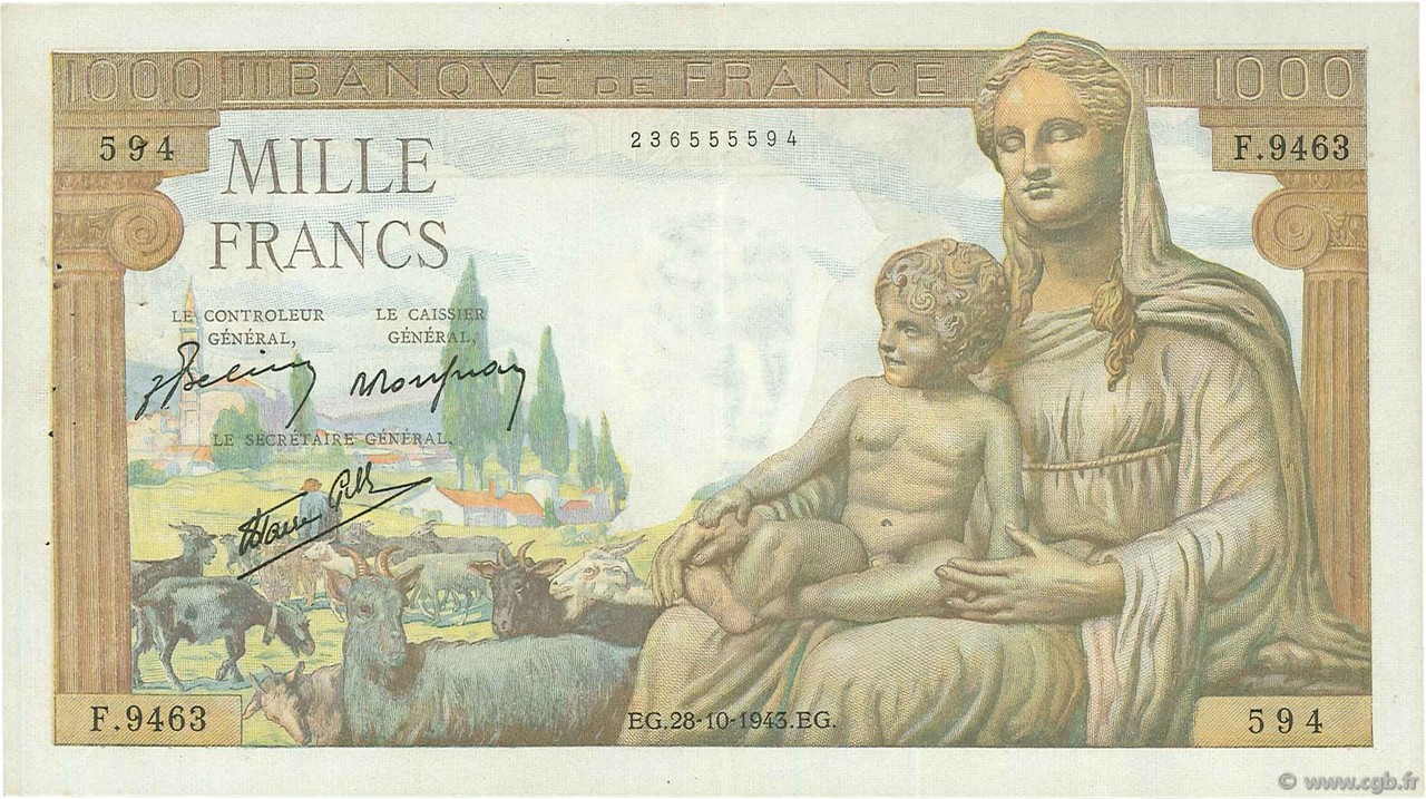 1000 Francs DÉESSE DÉMÉTER FRANCIA  1943 F.40.38 BC