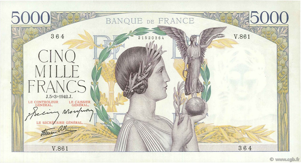 5000 Francs VICTOIRE Impression à plat FRANCIA  1942 F.46.34 EBC